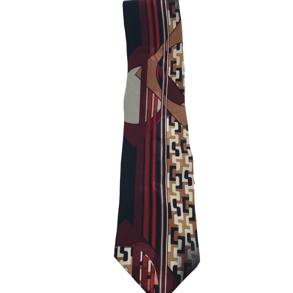 Zylos George Machado Mens Abstract Geometric Silk Tie OS Burgundy Tan Black